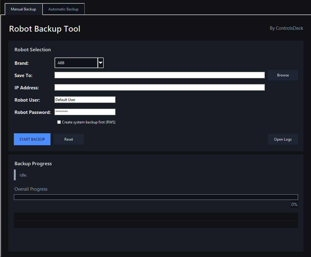 Manual backup view with brand selector, save path, IP, and progress bar