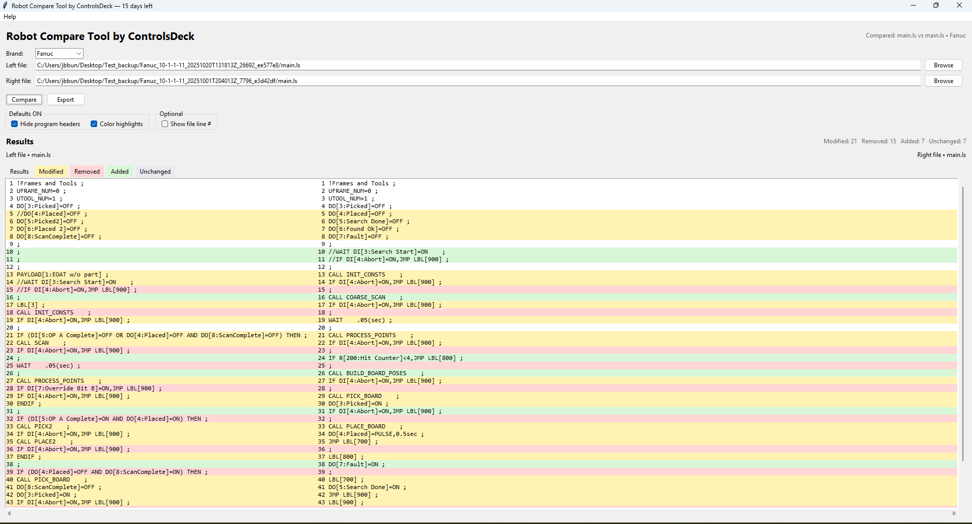 Robot Compare Tool interface showing side-by-side line-by-line differences